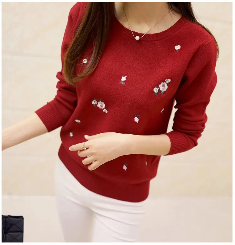Women's Red Embroidered Long Sleeve Pullover Winter Wear - Image 4