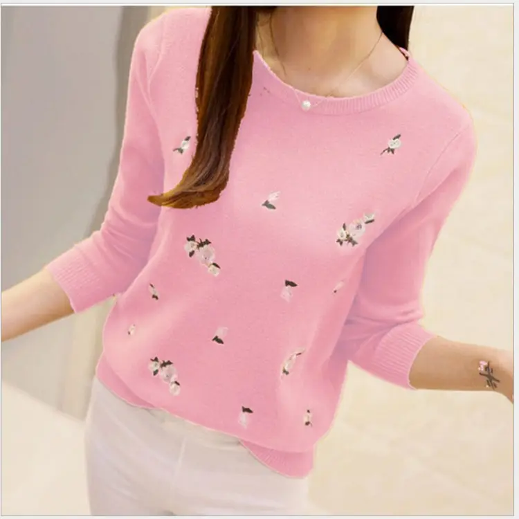 Women's Red Embroidered Long Sleeve Pullover Winter Wear - Image 7