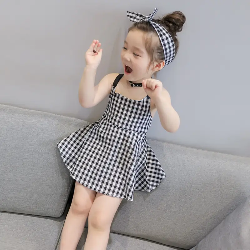 Girls Black & White Plaid Suspender Skirt Set - Image 3