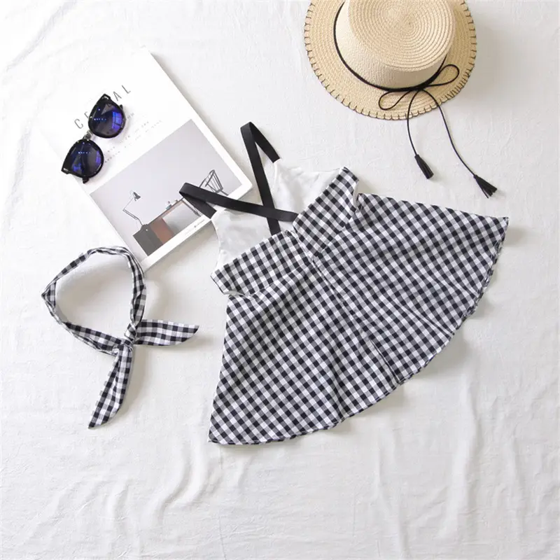 Girls Black & White Plaid Suspender Skirt Set - Image 4