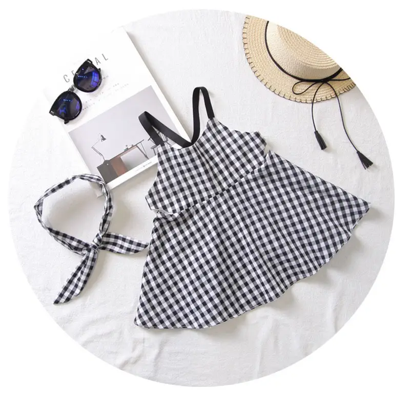 Girls Black & White Plaid Suspender Skirt Set - Image 6