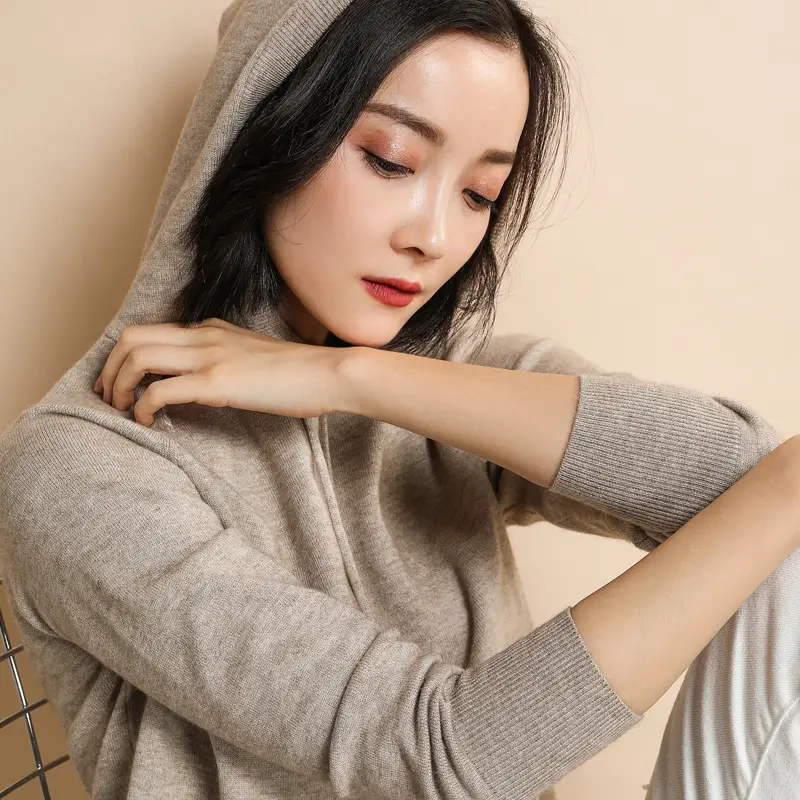 Women Grey Hooded Knitted Sweatshirt Medium