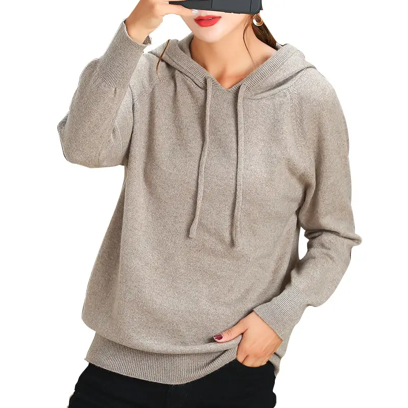 Women Grey Hooded Knitted Sweatshirt Medium