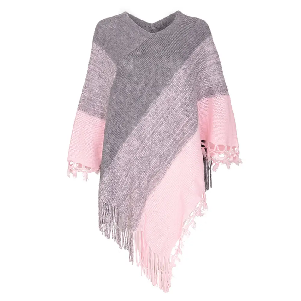 Grey Pink Striped Knitted Tassel Sweater Large