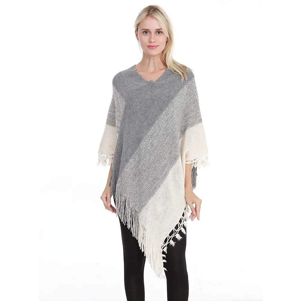 Grey Pink Striped Knitted Tassel Sweater Large