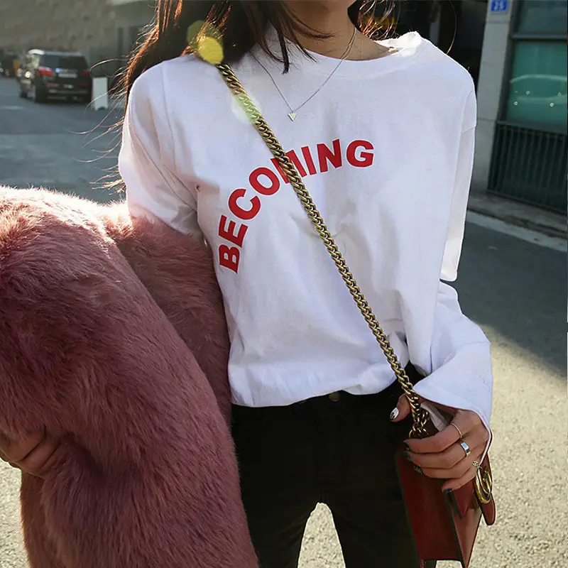 Women Printed Long Sleeve T-Shirt White Korean Style - Image 9