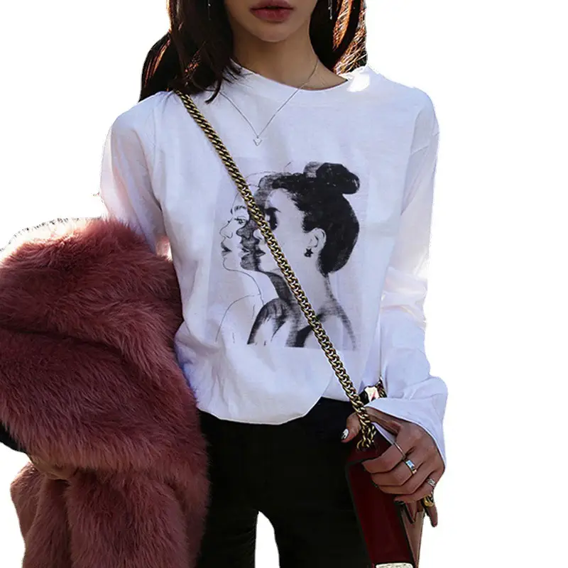 Women Printed Long Sleeve T-Shirt White Korean Style - Image 11