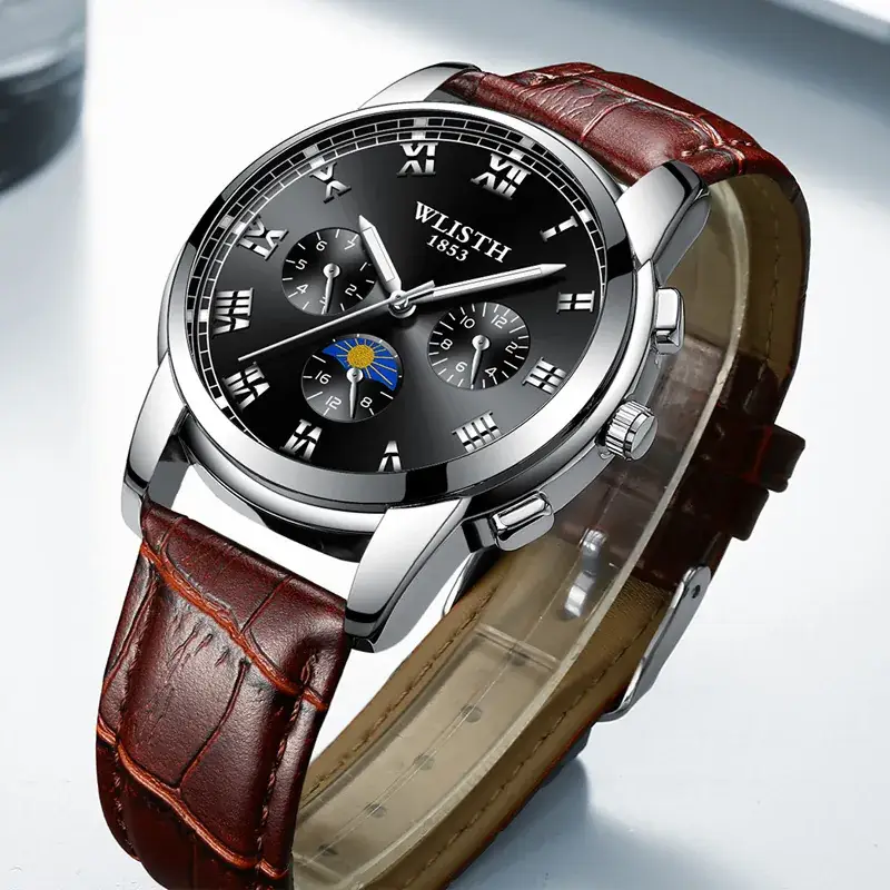 Men's Black Dial Chronograph Watch with Leather Strap - Image 14