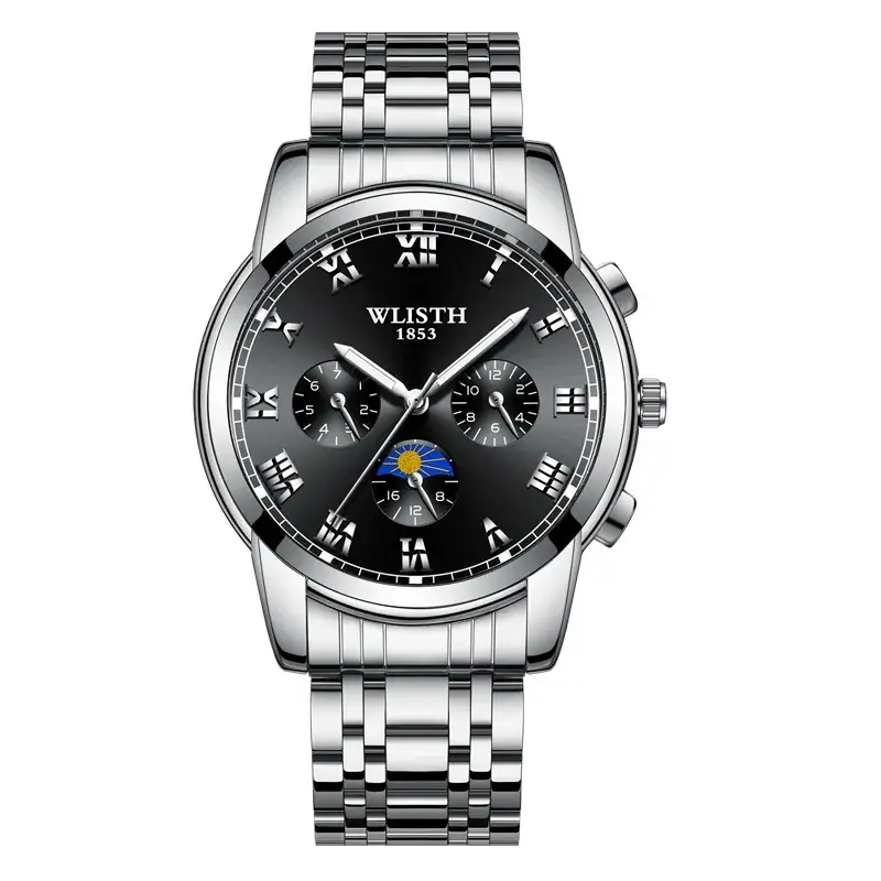 Men's Black Dial Chronograph Watch with Leather Strap - Image 3