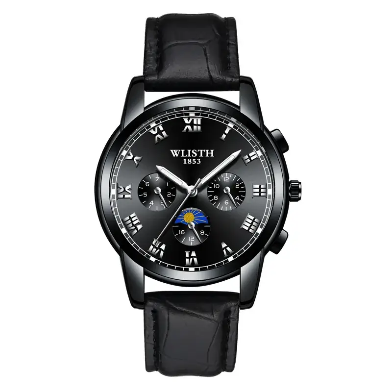 Men's Black Dial Chronograph Watch with Leather Strap - Image 7