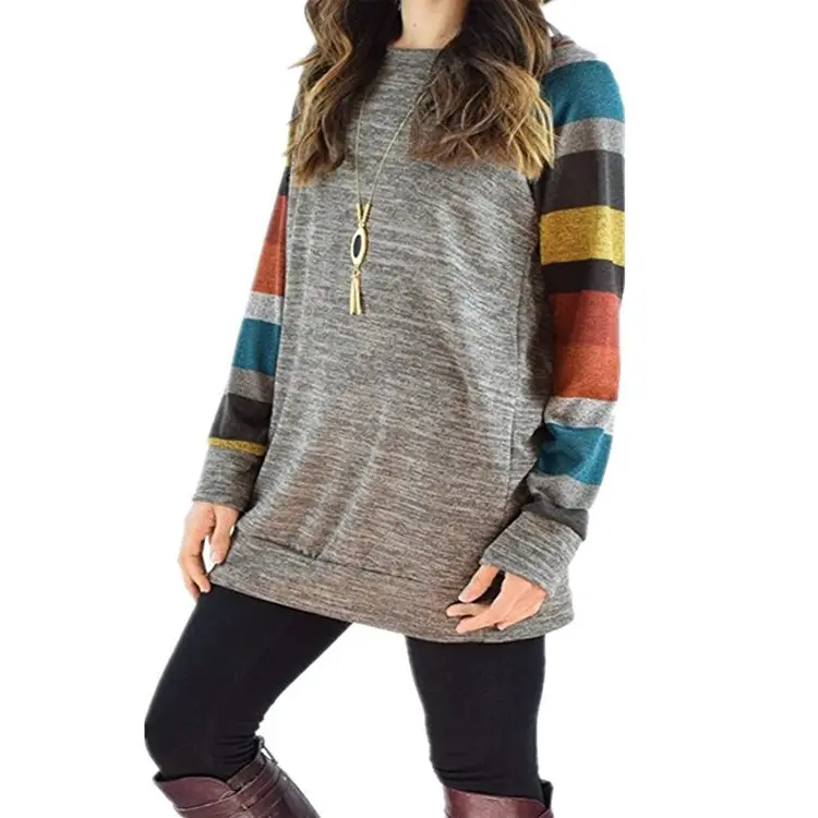 Plus Size Striped Raglan Sweatshirt Grey Color Blocked - Image 9