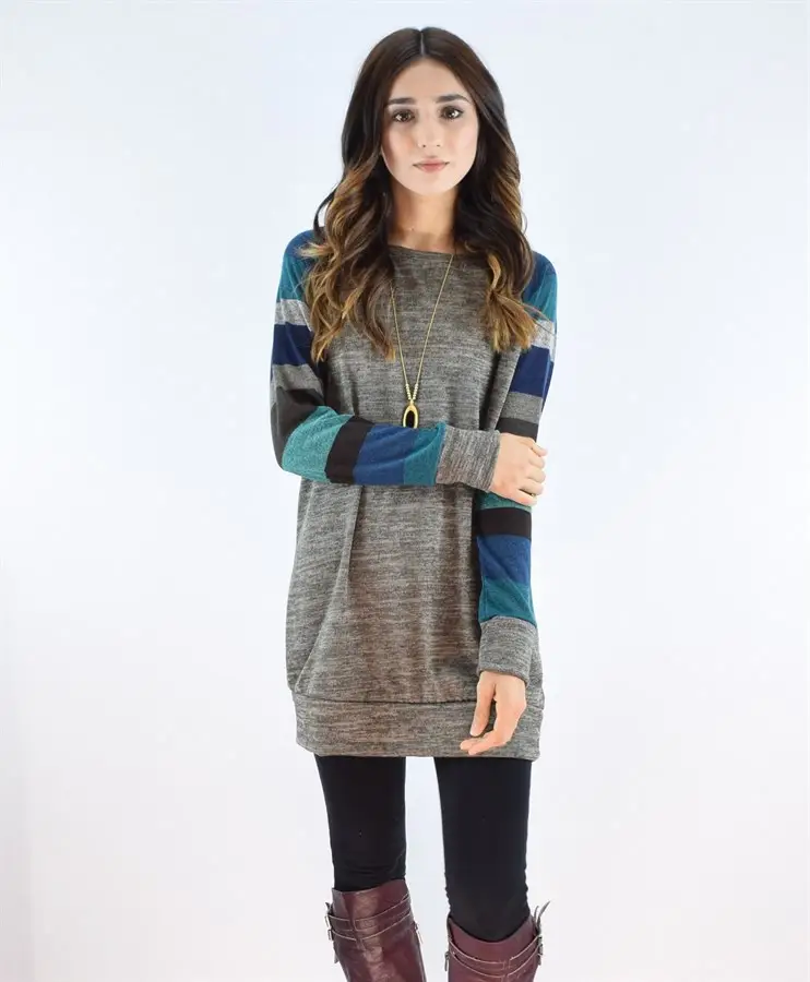 Plus Size Striped Raglan Sweatshirt Grey Color Blocked - Image 2