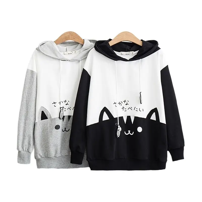 Japanese Cat Print Hooded Sweatshirt Black White - Image 3