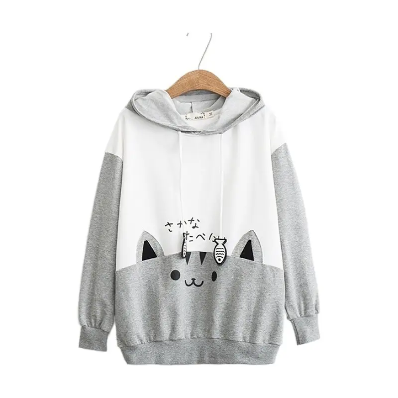 Japanese Cat Print Hooded Sweatshirt Black White - Image 5