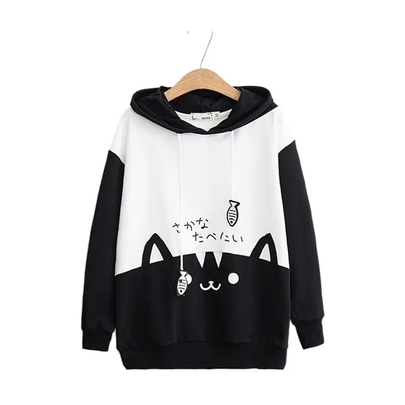 Japanese Cat Print Hooded Sweatshirt Black White - Image 6