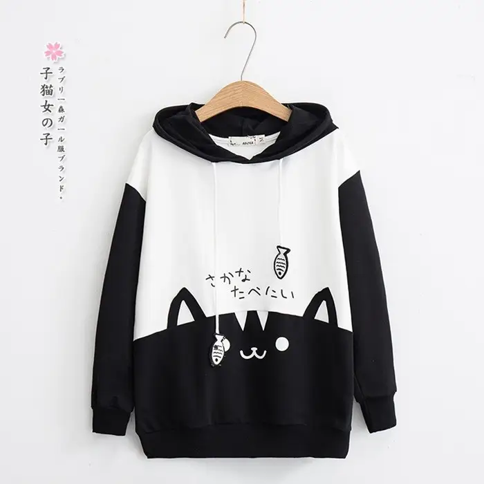 Japanese Cat Print Hooded Sweatshirt Black White - Image 7