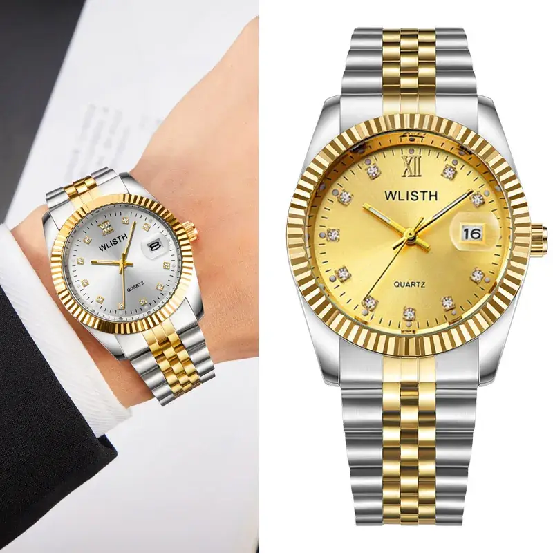 Couple Quartz Watch Pair Gold Silver Steel Band - Image 11
