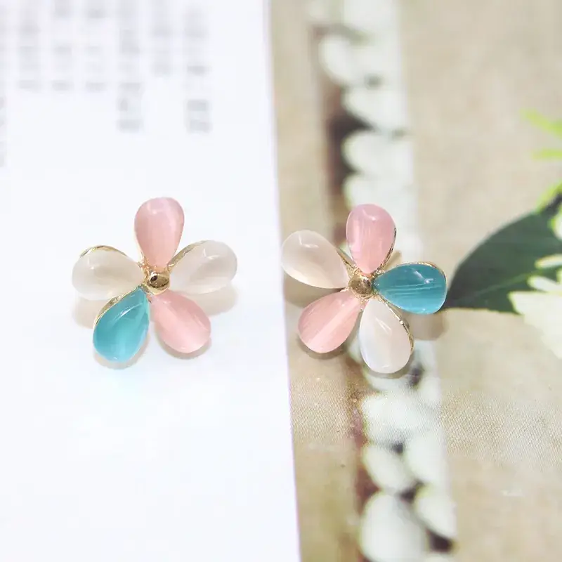 Korean-style 5-Petal Cat's Eye Earrings Pink Blue White - Image 5