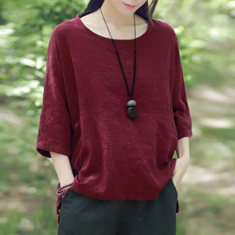 Women Black Bat Sleeve T-Shirt Large Cotton Linen - Image 15