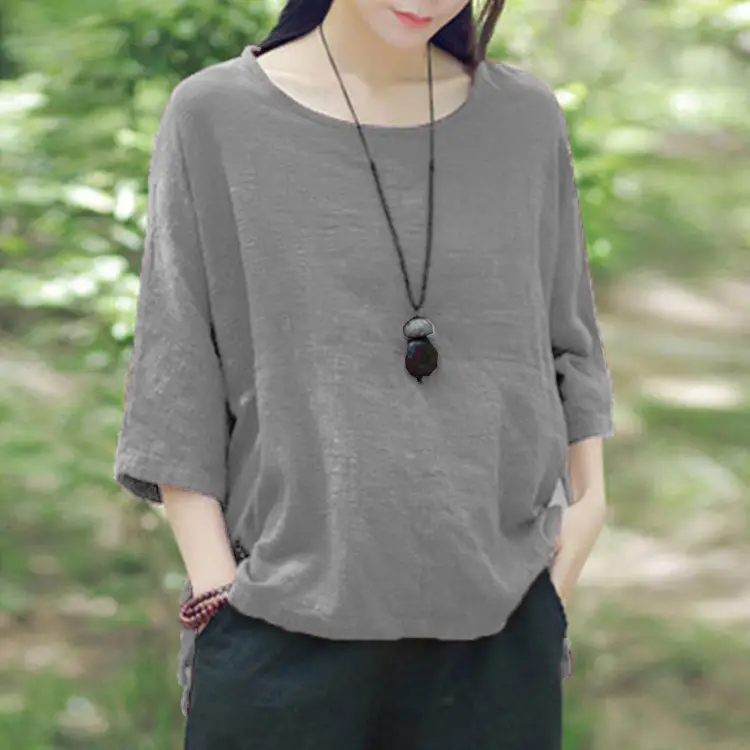 Women Black Bat Sleeve T-Shirt Large Cotton Linen - Image 10