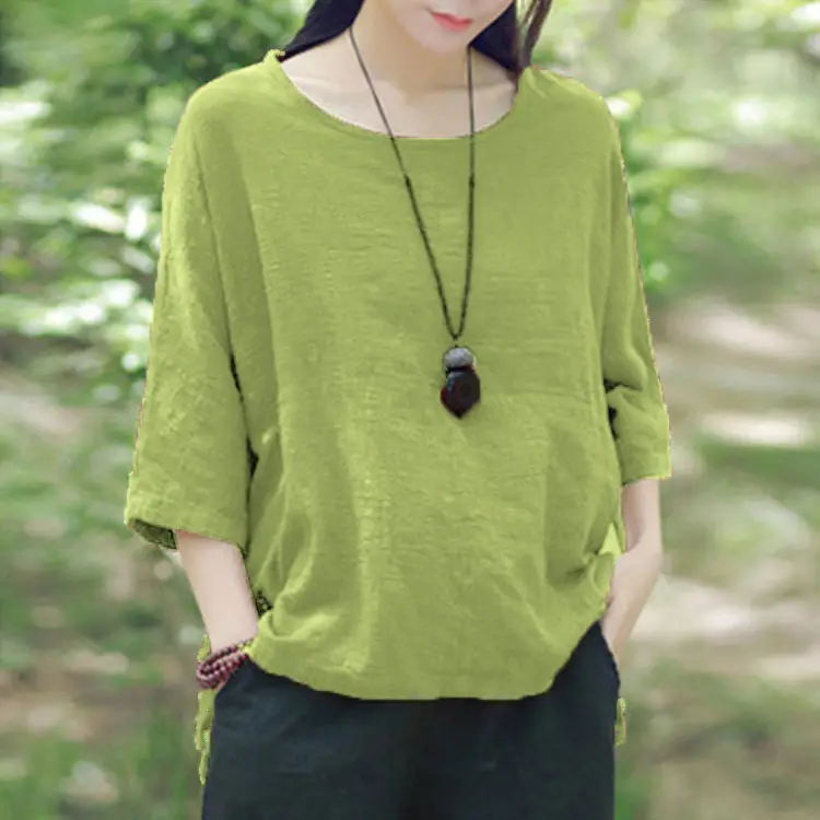 Women Black Bat Sleeve T-Shirt Large Cotton Linen - Image 11