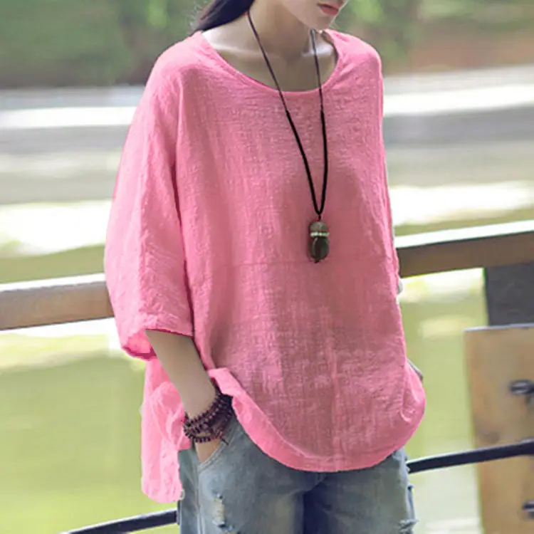 Women Black Bat Sleeve T-Shirt Large Cotton Linen - Image 13
