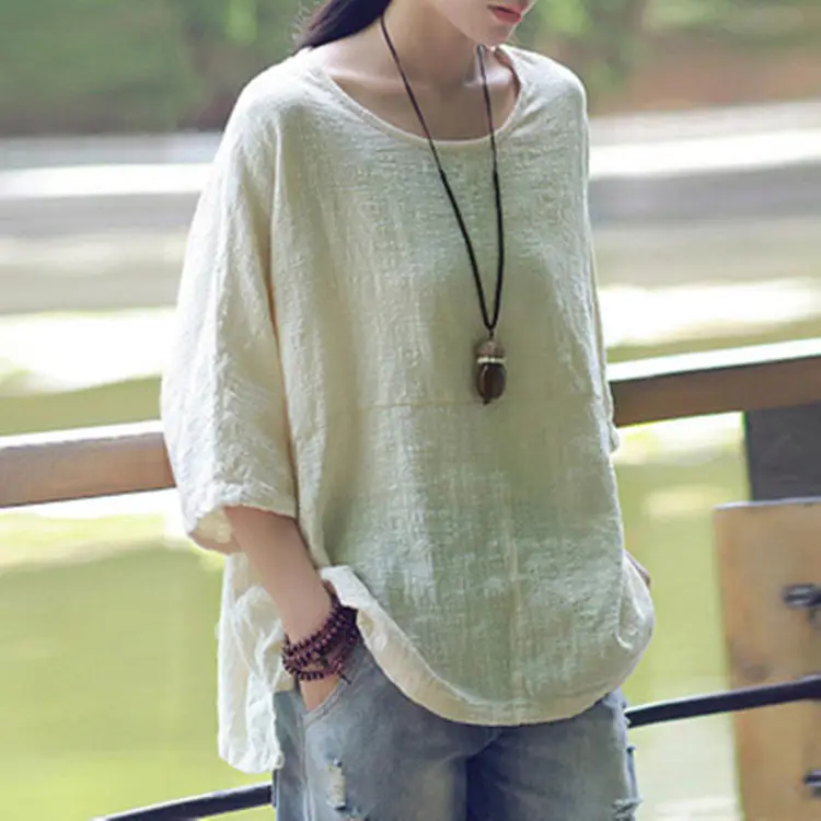 Women Black Bat Sleeve T-Shirt Large Cotton Linen - Image 4