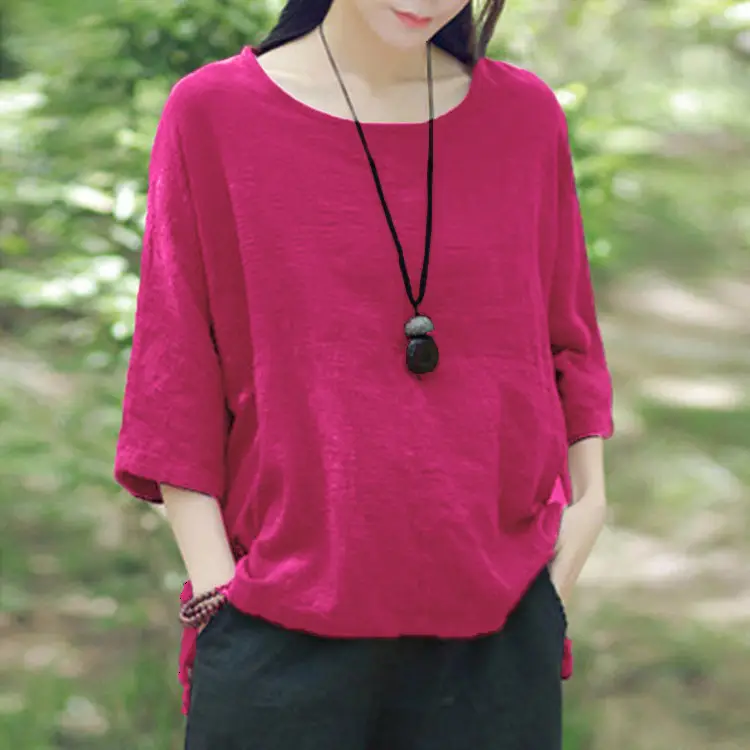 Women Black Bat Sleeve T-Shirt Large Cotton Linen - Image 6