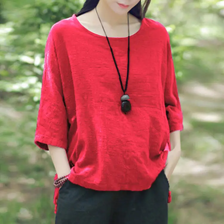Women Black Bat Sleeve T-Shirt Large Cotton Linen - Image 7