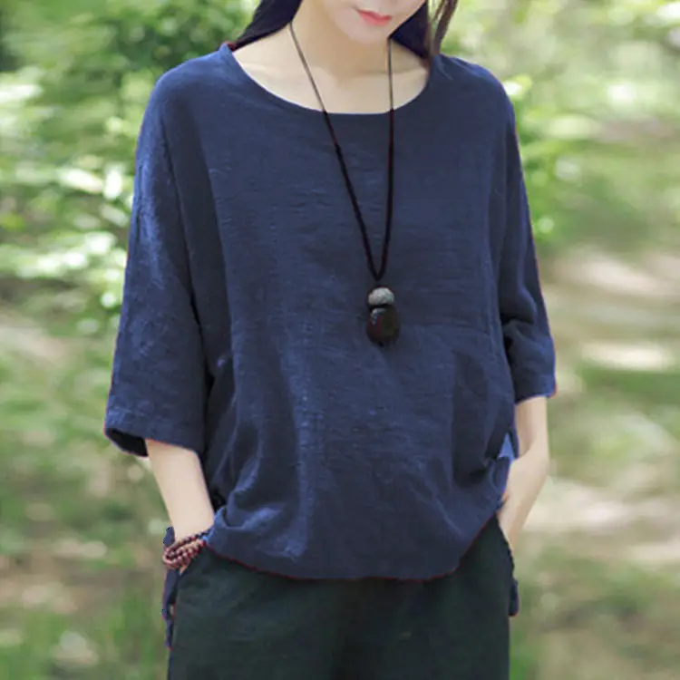 Women Black Bat Sleeve T-Shirt Large Cotton Linen - Image 8