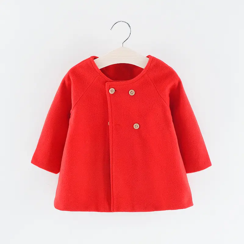 Red Woolen Round Neck Coat for Girls, 3/4 Sleeve, Button Front - Image 2