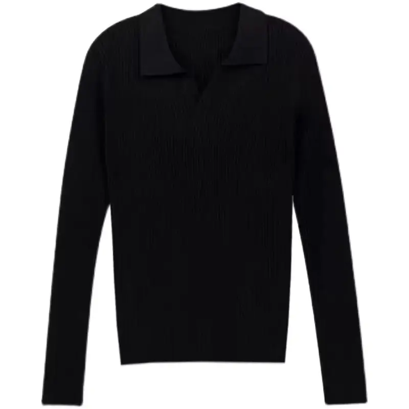 Women's Knitted Flip V Collar Shirt Brown Slim Fit