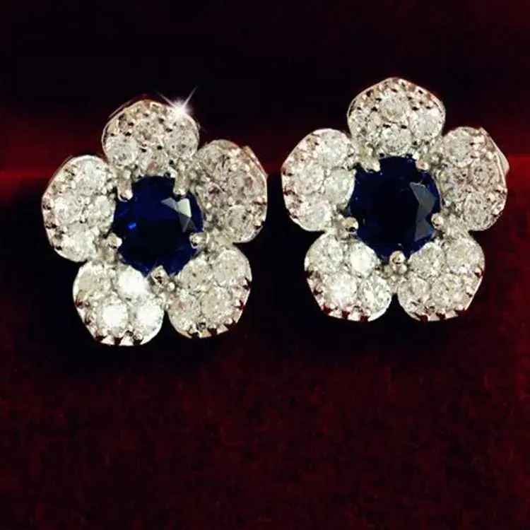 Silver White Bottom Flower Sapphire Earrings for Women