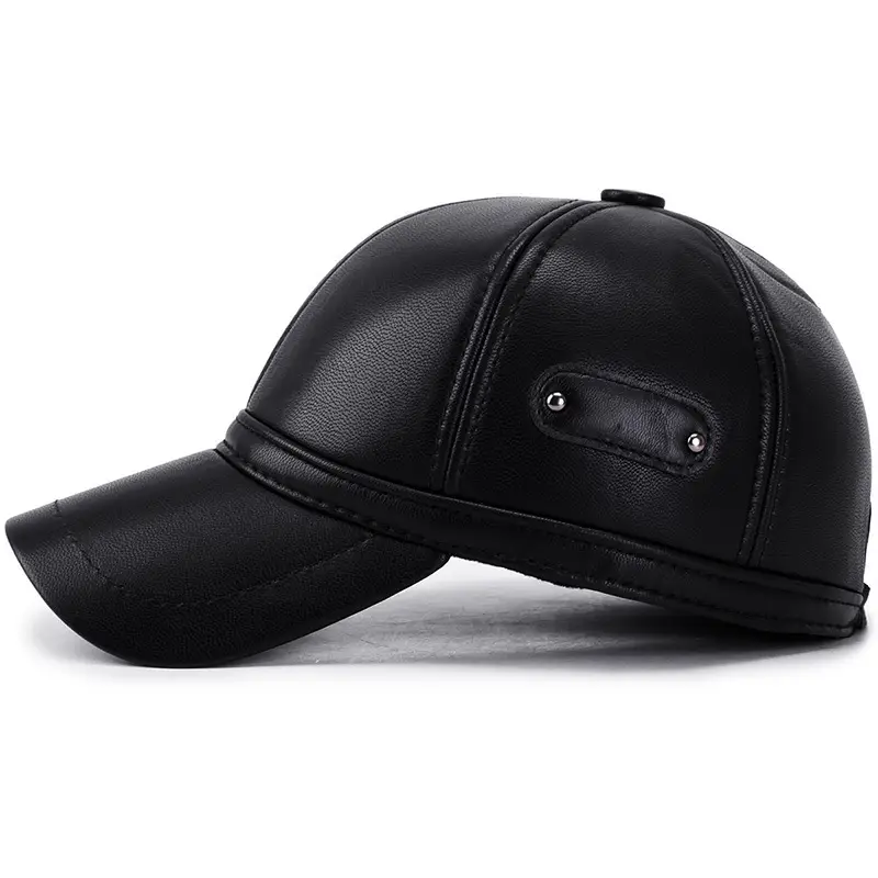 Men's Black PU Leather Baseball Cap with Adjustable Strap - Image 3