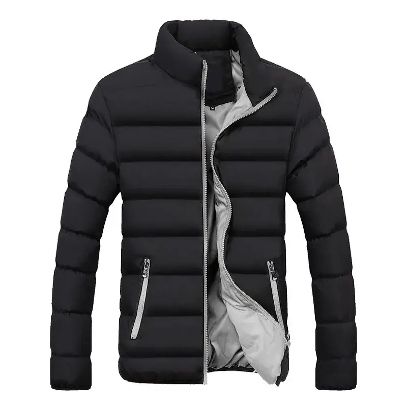 Men Black Hooded Padded Winter Jacket with Orange Lining