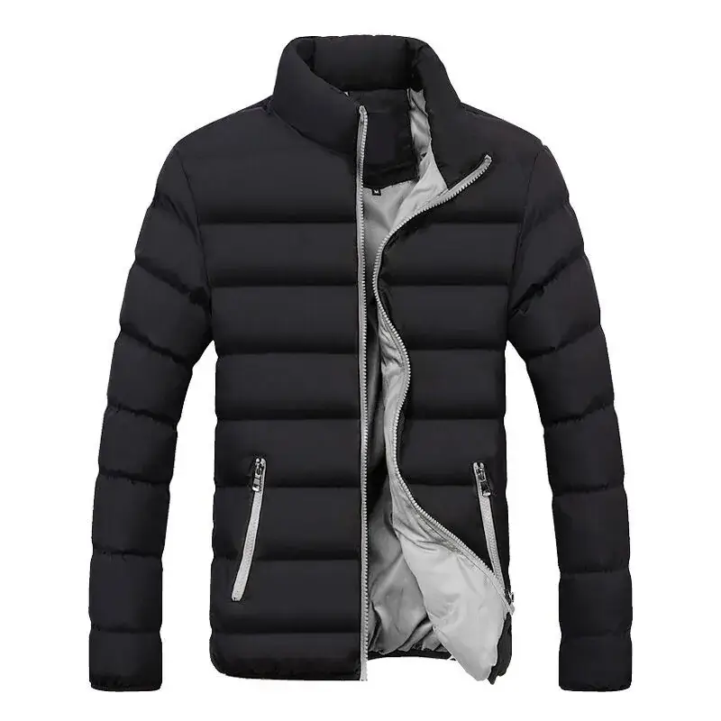 Men Black Hooded Padded Winter Jacket with Orange Lining