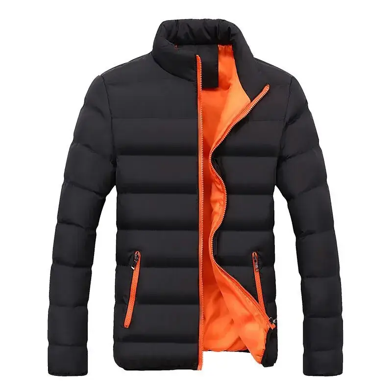 Men Black Hooded Padded Winter Jacket with Orange Lining