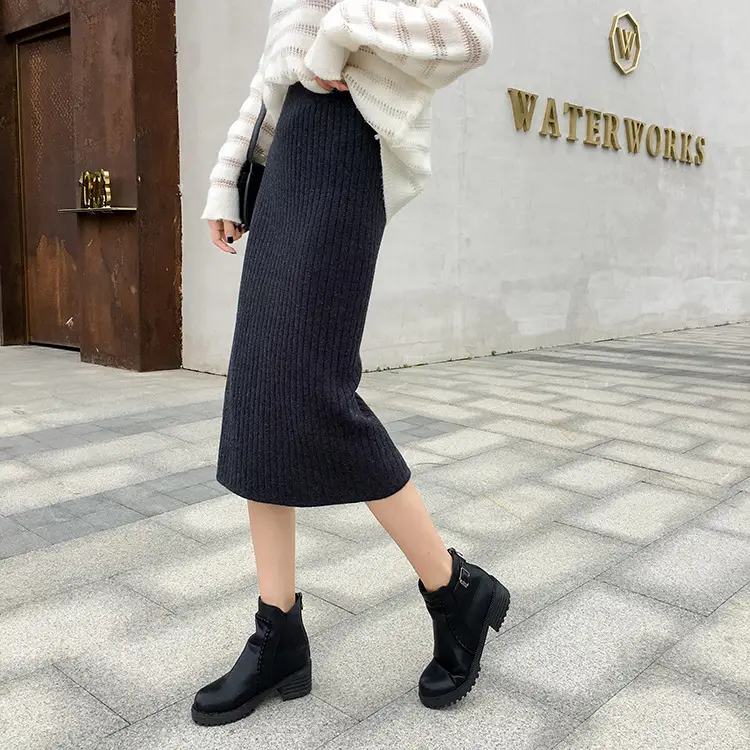 Women's Cream Knitted Hip Skirt with Split Step Boots - Image 5