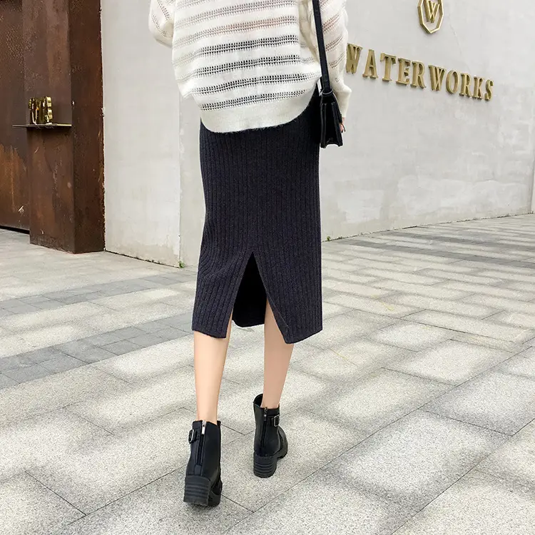 Women's Cream Knitted Hip Skirt with Split Step Boots - Image 6