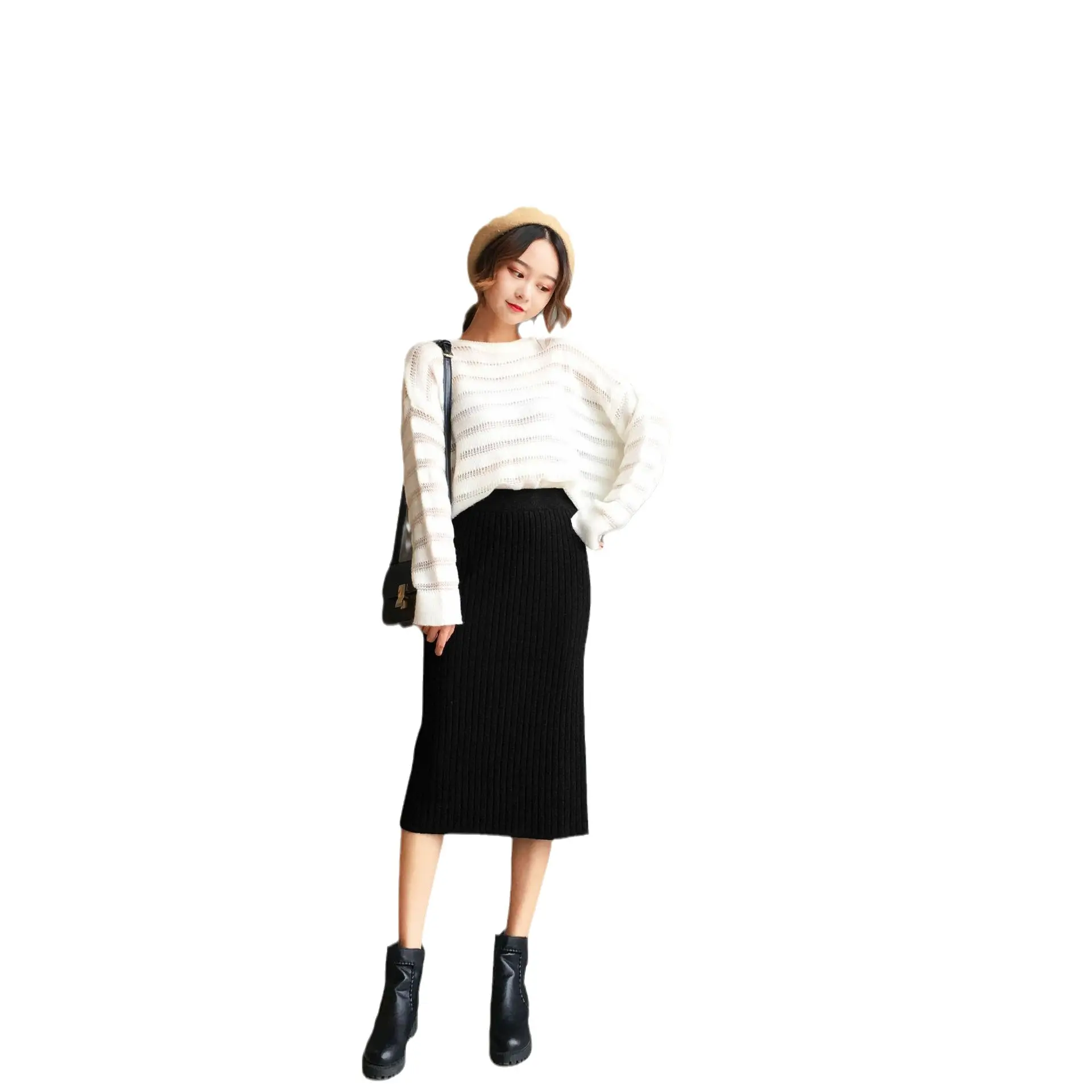 Women's Cream Knitted Hip Skirt with Split Step Boots - Image 8