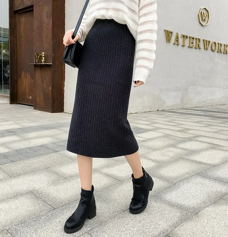 Women's Cream Knitted Hip Skirt with Split Step Boots - Image 3