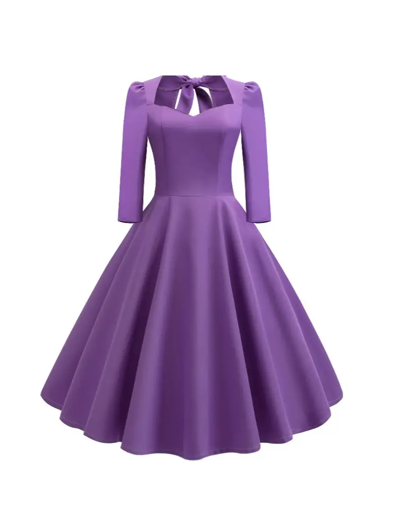 Blue Long Sleeve Flared Skirt Dress for Women - Image 5