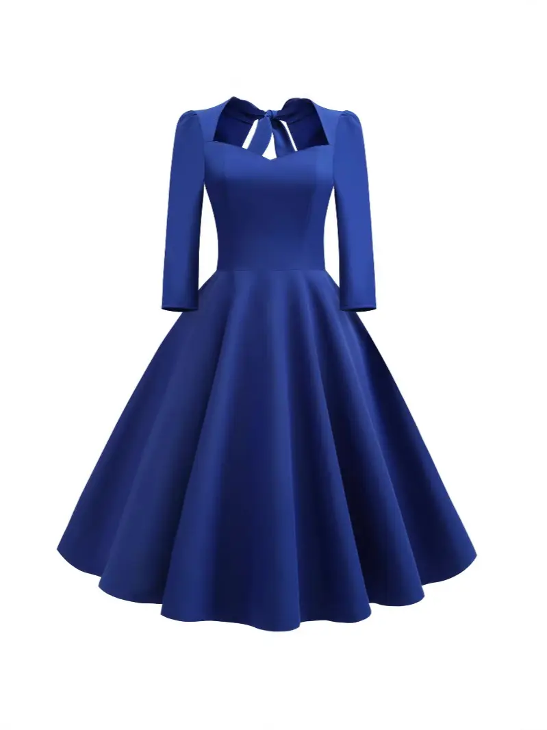 Blue Long Sleeve Flared Skirt Dress for Women - Image 6