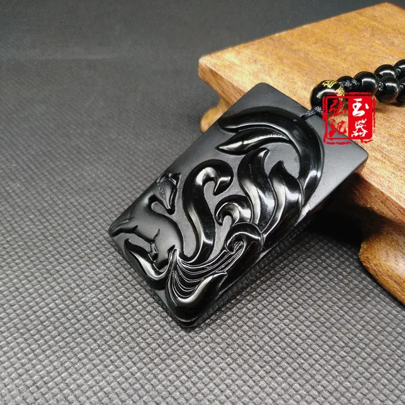 Natural Obsidian Nine-Tail Fox Necklace Pendant