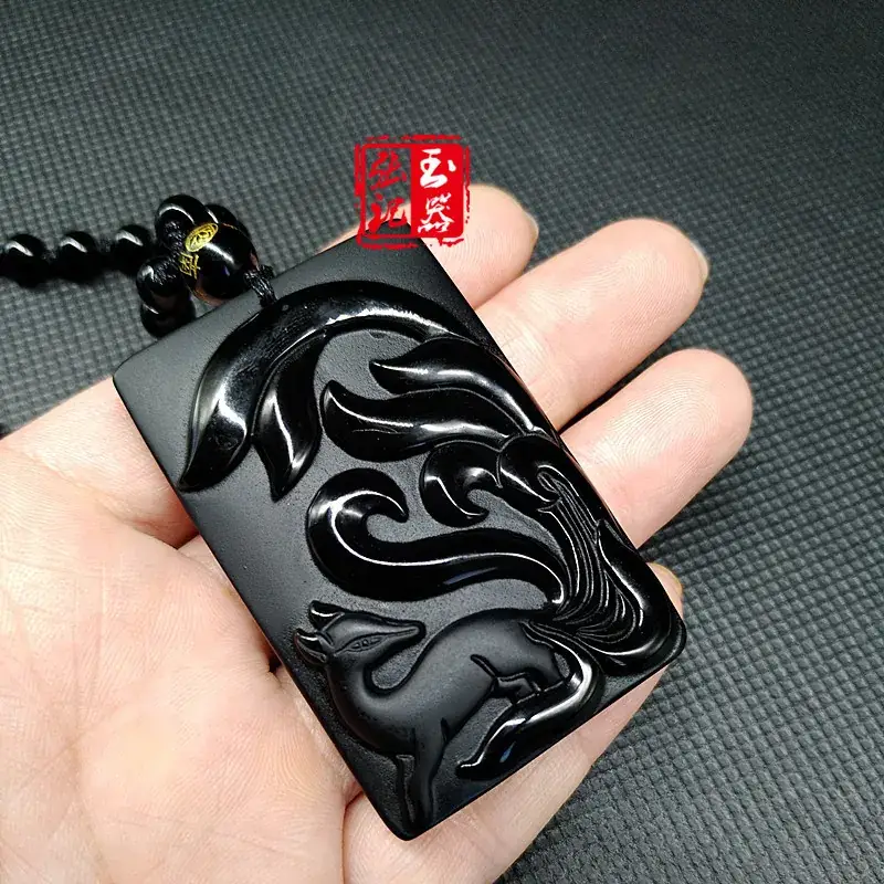 Natural Obsidian Nine-Tail Fox Necklace Pendant