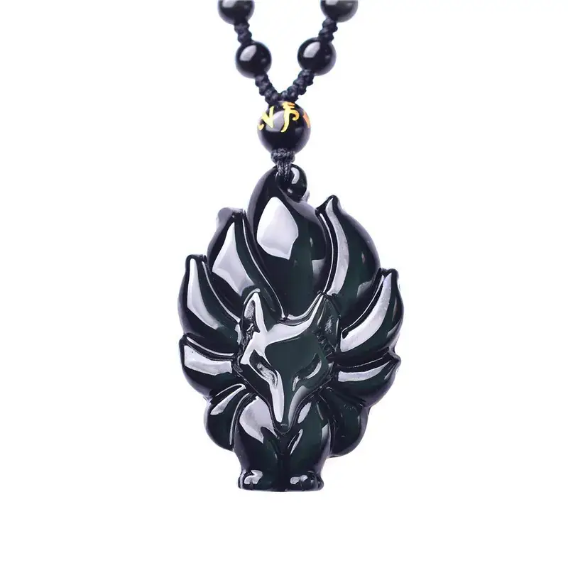 Natural Obsidian Nine-Tail Fox Necklace Pendant