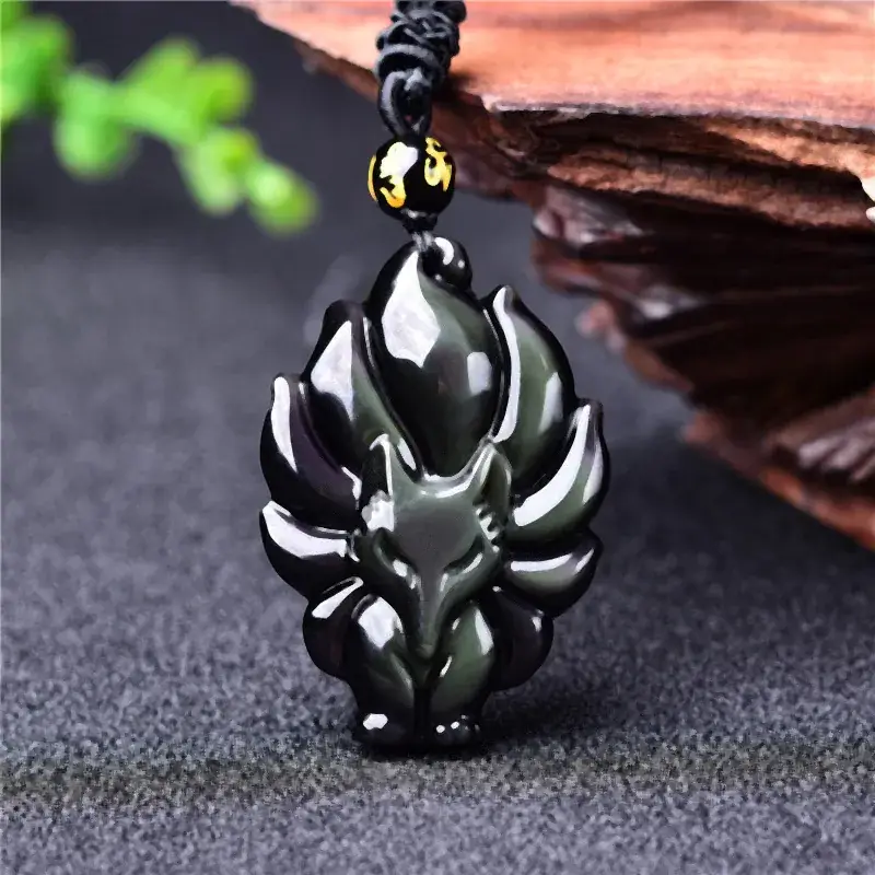 Natural Obsidian Nine-Tail Fox Necklace Pendant