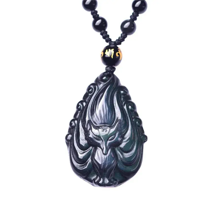Natural Obsidian Nine-Tail Fox Necklace Pendant