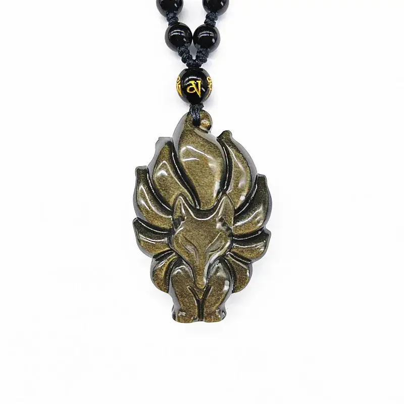 Natural Obsidian Nine-Tail Fox Necklace Pendant