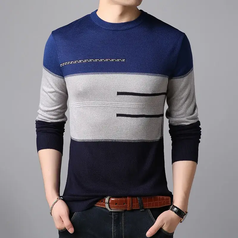 Men Knitted Long Sleeve T-Shirt Red Grey Blue Slim Fit Crewneck - Image 5